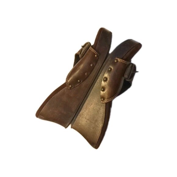 Steve Madden Drill Wood Wedge Leather Open Slip-On Sandals Platform Buckle 7B - Picture 3 of 12